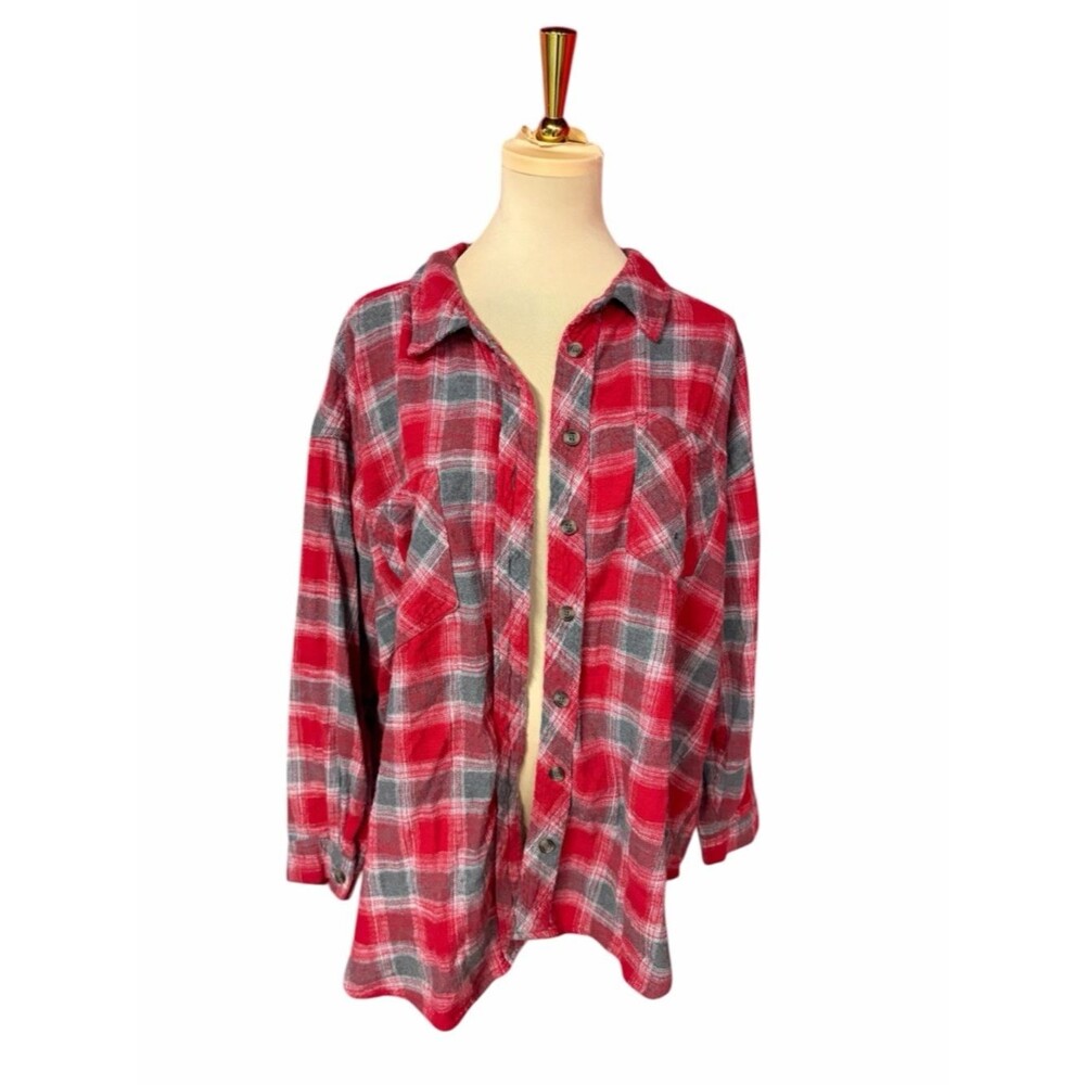 Maurices Red Gray Plaid Button Up Shirt Size 2X Flannel